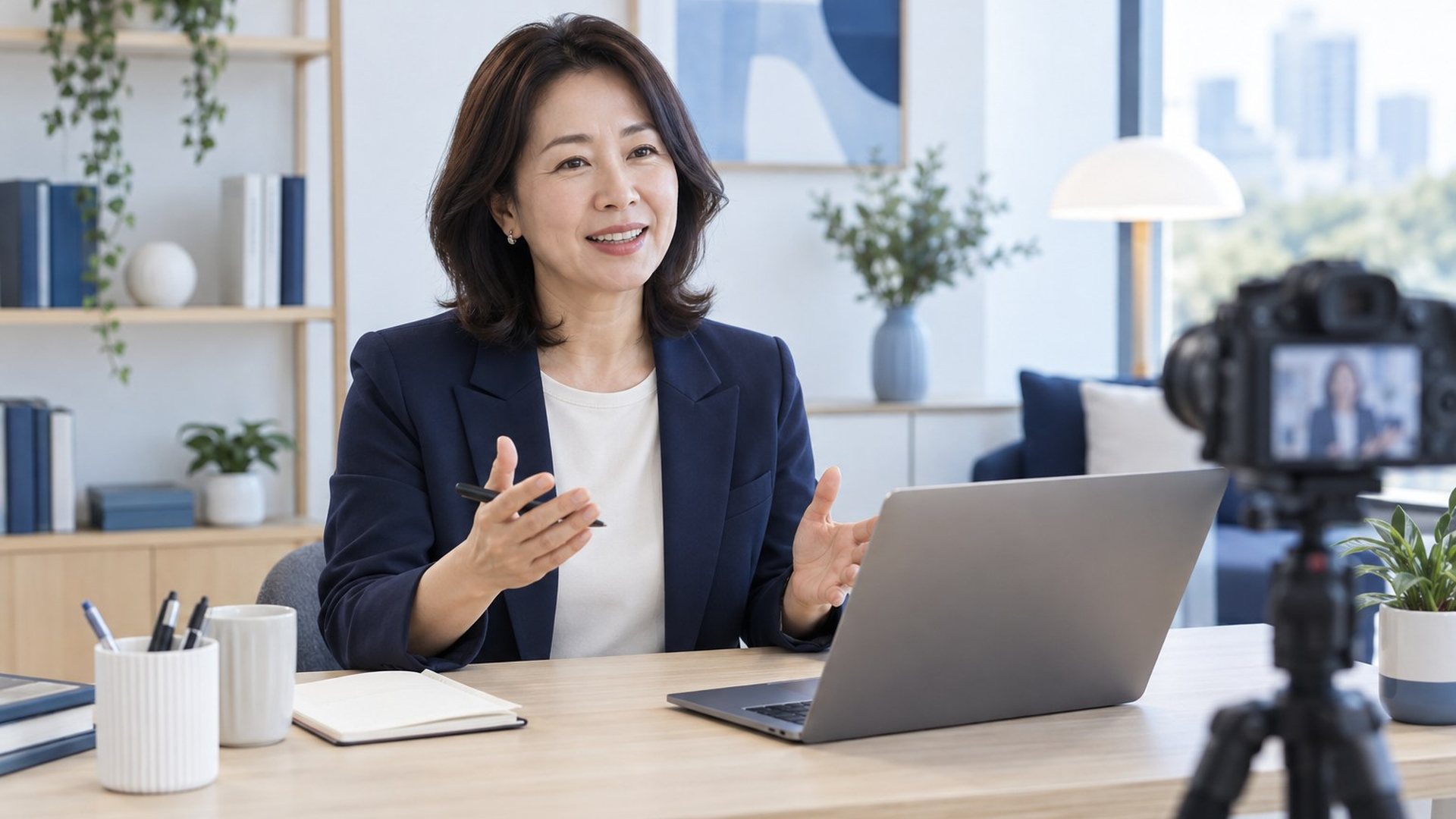모텔 PG가입 PG 바꾸기 · 모텔 PG 바꾸기 · 여성이 삼각대 카메라 앞에서 설명하는 장면(연출 사진)