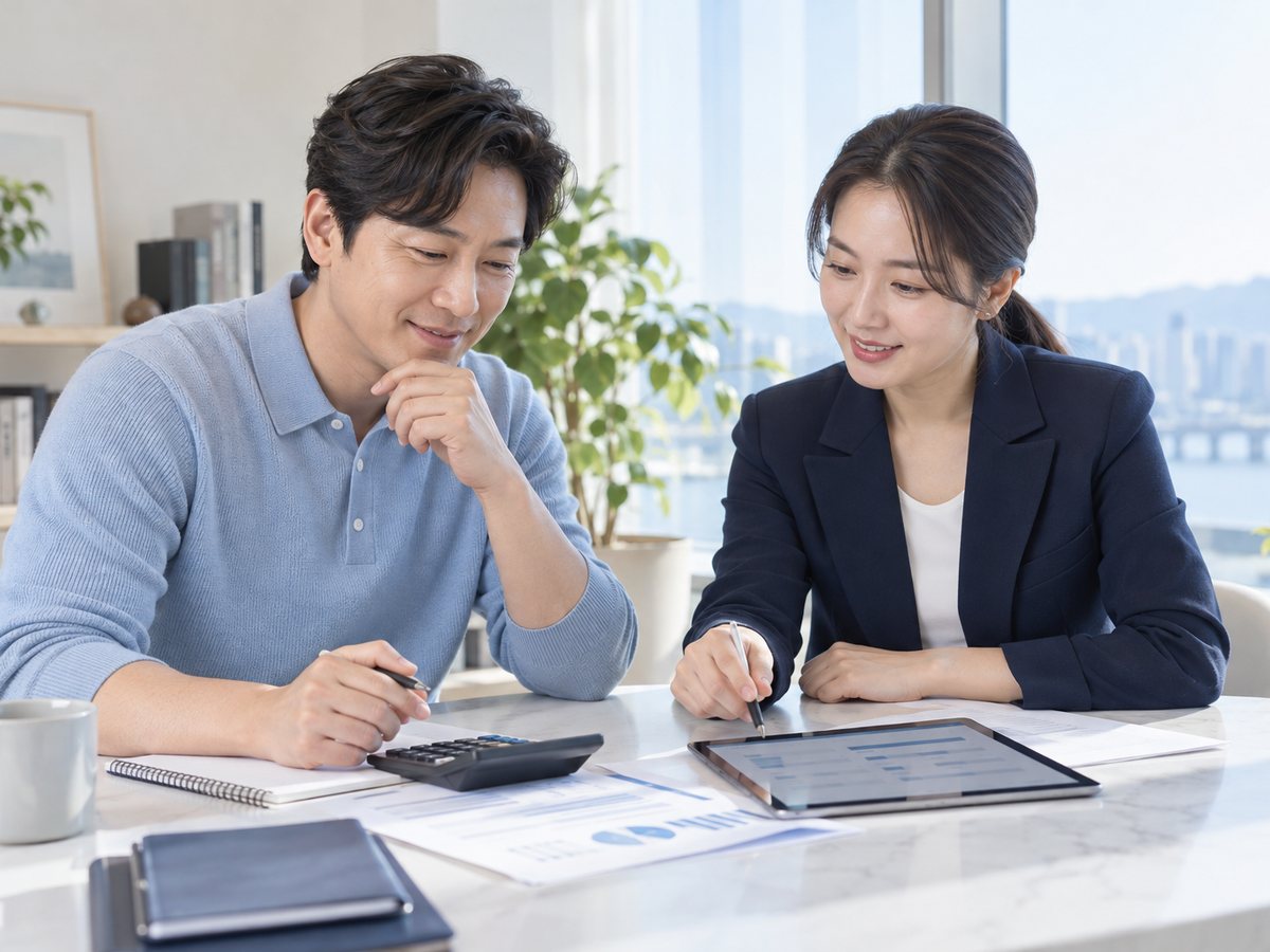 모텔 PG가입 · 두 사람이 태블릿을 보며 일정을 맞추는 장면(연출 사진)